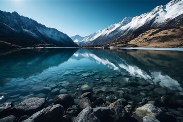 A serene lake surrounded by mountains with snow-capped peaks in the background