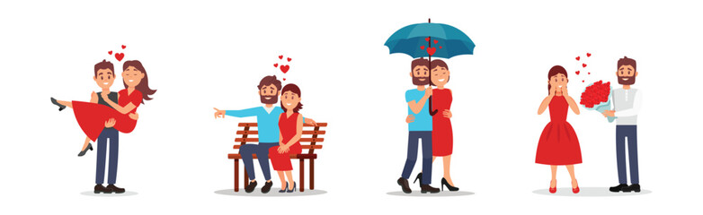 Man and Woman Couples Fallen in Love with Each Other Dating Vector Illustration Set