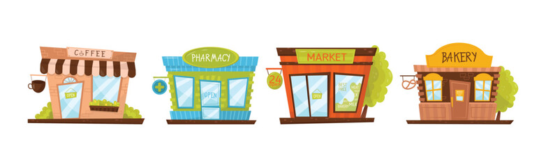 Shop Window or Store Front with Coffee, Pharmacy, Market and Bakery Vector Set