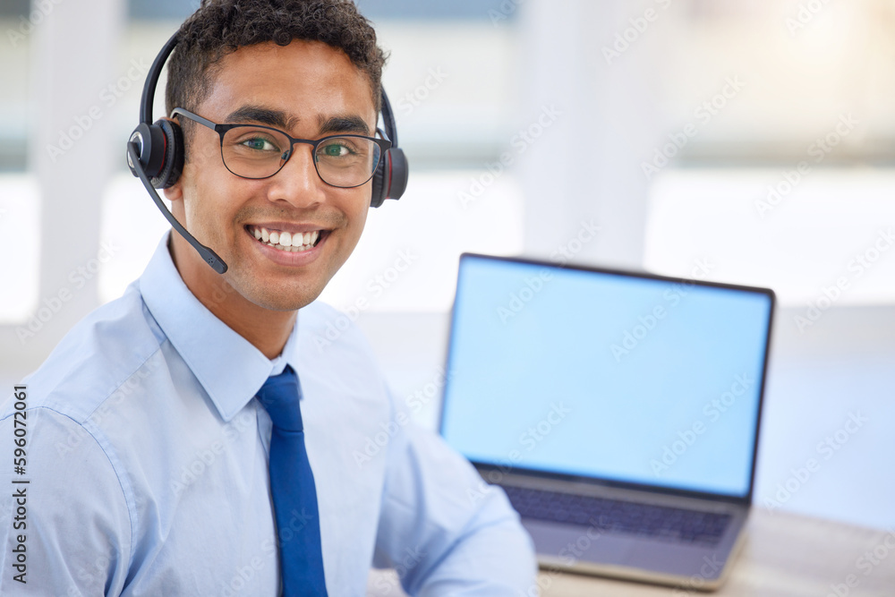 Poster how may i be of service. a young businessman working in a call center.