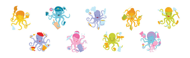 Colorful Octopus Sea Animal Showing Different Profession Vector Set - obrazy, fototapety, plakaty
