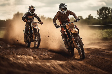 A shot of two motocross riders in midair during a race Generative AI