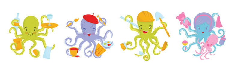 Colorful Octopus Sea Animal Showing Different Profession Vector Set