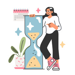 Work life balance concept. Female character with sand watch. Modern