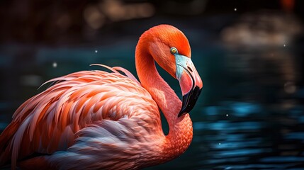 summer mood, close up flamingo bird walking in forest brook, Generative Ai
