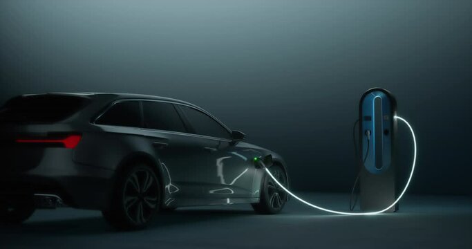 DOLLY IN Generic electric EV hybrid vehicle is charging on a station inside a dark garage, cable is glowing, renewable energy concept