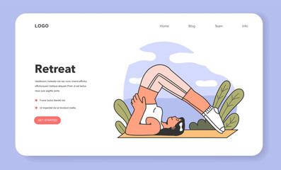 Naklejka premium Retreat web banner or landing page. Female character doing yoga