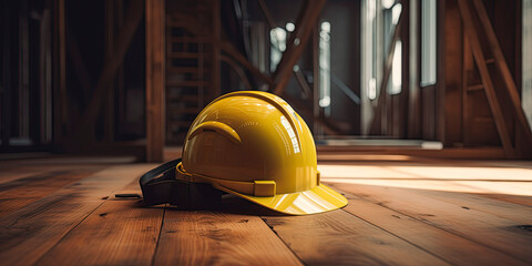 Construction site hard hat on wooden floor in yellow color. Generative AI