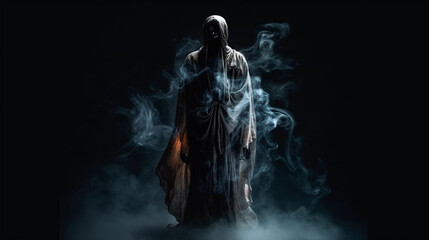 Mysterious dark image of a woman in a black cloak with a hood standing in a foggy dark room.generative ai