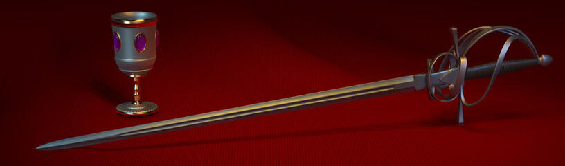 Goblet and sword on red cloth. 3d illustration