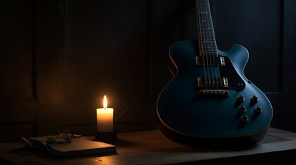 Electric guitar on a wooden floor with candles in the dark.generative ai