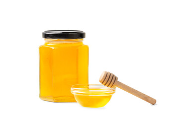 Honey in jars on a white background close-up.