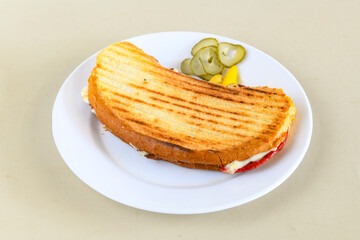 Turkish karisik atom Ayvalik tost ( kasarli bazlama tost) . Sucuklu, Kasarli, kavurmali karisik tost. Flat baked bread toasted