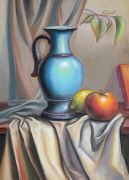 Still life with vase, apple and lemon