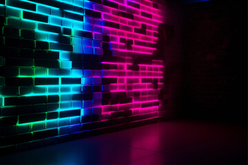 A dark room with neon lights and a brick wall neon wall background with generative ai 