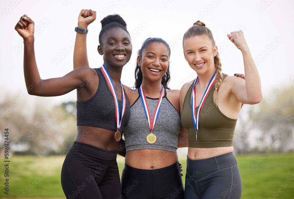 Canvas Prints Winning gold is every athletes dream. Cropped portrait of three attractive young female athletes celebrating their victory.