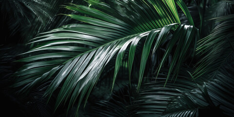 Tropical palm leaves green aesthetic background, exotic jungle plants foliage pattern, summer concept abstract banner. Generative AI