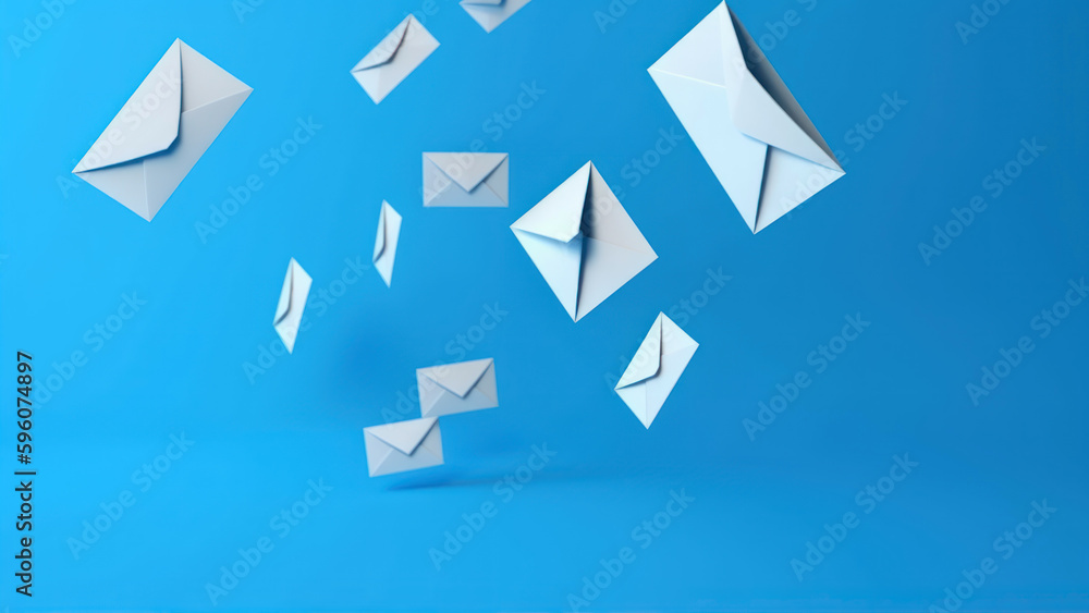 Poster envelopes flying on a blue background. 3d rendering. generative ai