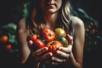 Woman holding fresh organic vegetable in green house. Generative AI.