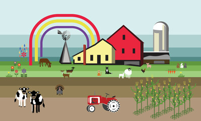 Farm Scene Illustration, Children's Art Design, Rural Country Stylized Illustration