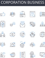 Corporation business line icons collection. Partnership venture, Firm enterprise, Company concern, Establishment organization, Institution establishment, Agency association, Consortium combine vector