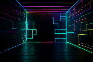 A dark room with neon lights and a brick wall neon wall background with generative ai 