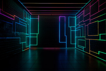 A dark room with neon lights and a brick wall neon wall background with generative ai 