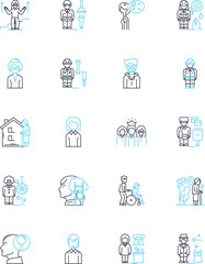 Interconnectedness linear icons set. Unity, Connectivity, Integration, Interdependence, Wholeness, Harmony, Bond line vector and concept signs. Nerk,Synthesis,Association outline illustrations