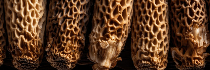 close up shot of morels, top view, panoramic, studio light, on black background, gastronomy photo, AI