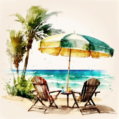Cocktails on the beach. Watercolor painting. Illustration. Ai generative.