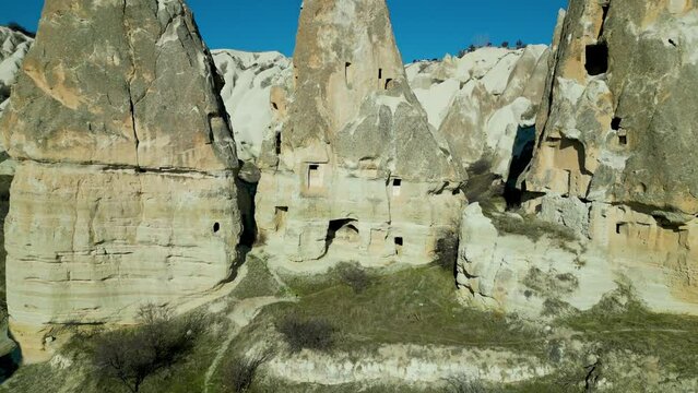Drone - Cappadocia, Turkey - 2023 - Goreme -Day - Fairy chimneys flaying backward to reveal city