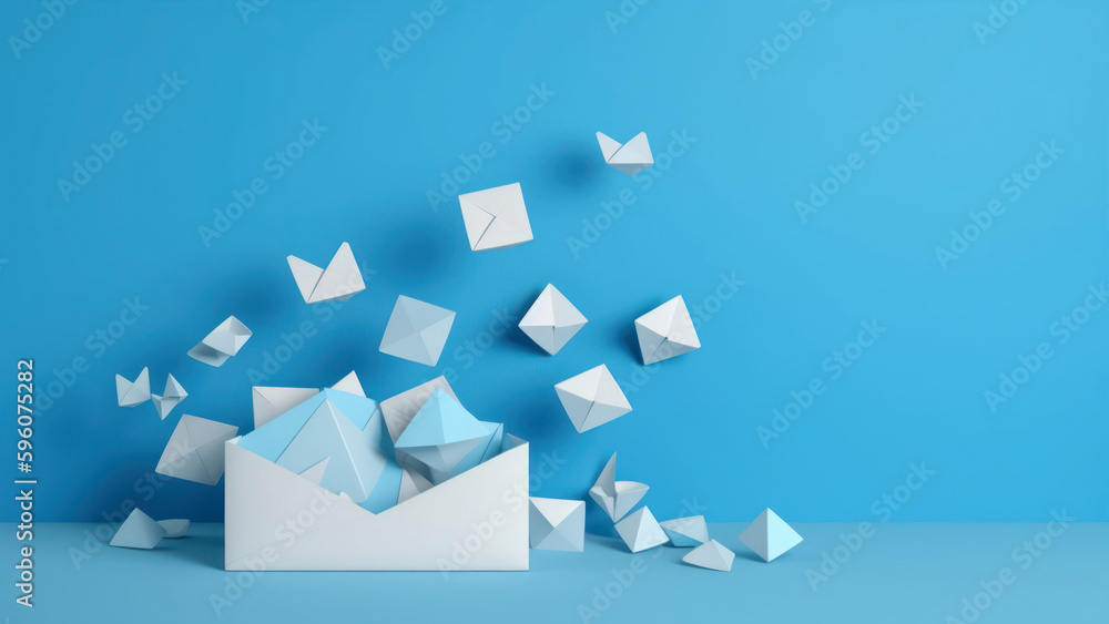 Poster envelope and flying paper planes on blue background. 3d rendering generative ai
