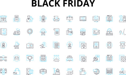 Fototapeta na wymiar Black friday linear icons set. Deals, Discounts, Bargains, Sales, Shopping, Rush, Excitement vector symbols and line concept signs. Savings,Steals,Crowds illustration