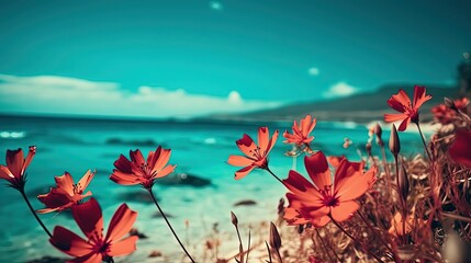 Fototapeta na wymiar summer mood background wallpaper with copy space, red cosmos flowers field at ocean beach side, Generative Ai