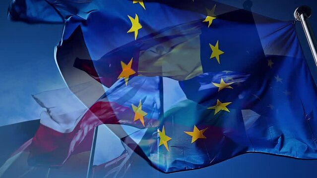 Close up of EU flag, slow motion. Brussels, Belgium. 4K