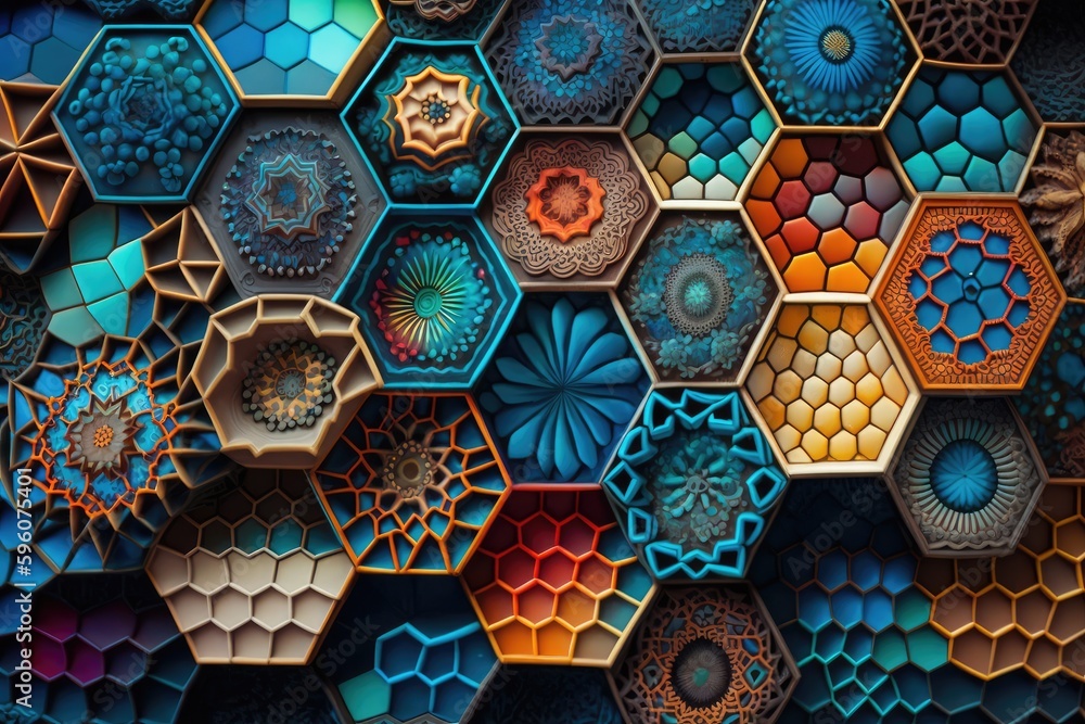 Aufkleber mosaic art abstract background in hexagonal shape. distinct generative ai image.