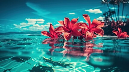 Fototapeta na wymiar summer mood background wallpaper with copy space, red flower bouquet in blue ocean water surface, Generative Ai 