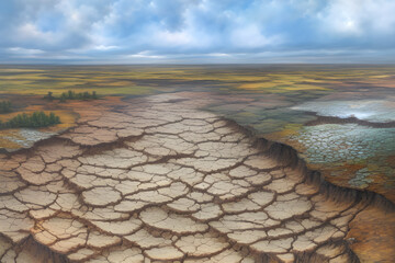 Dry cracked earth in barren landscape Generative Ai