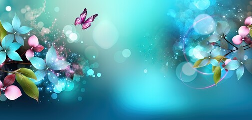 abstract background banner, blue pink gradient color with bokeh glitter glow light, flora flower butterfly light trail, Generative Ai
