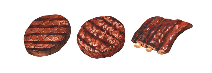 Watercolor bbq grilled steak beef, steak, ribs, beefsteak. Hand-drawn illustration isolated on white background. Perfect for menu butchery food, meat product