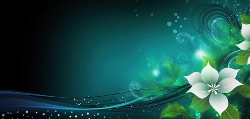 abstract background banner, green gradient color with bokeh glitter glow light, flora flower light trail, Generative Ai