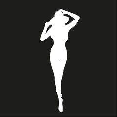 A silhouette of a beautiful girl in bikini and with hat at sea on black background illustration