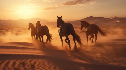 Horse on the beach at sunset with reflection in water,generative ai