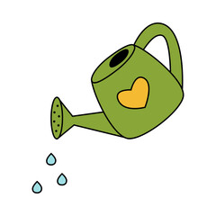 Watering can with water drops colorful doodle vector illustration. Garden clipart design element. Growing plants. Irrigation. Window garden. Growth or care concept. Isolated on white background. 