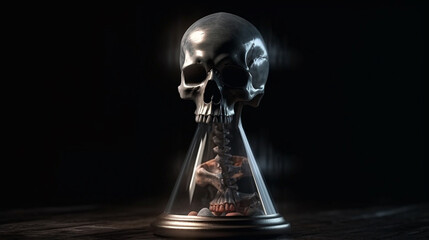 Human skull in a vintage hourglass on black background. generative ai