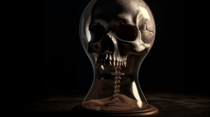 Human skull in a vintage hourglass on black background. generative ai