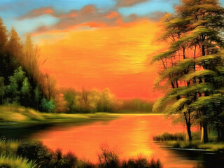 Obraz premium Beautiful nature landscape painting on paper canvas. Generative AI