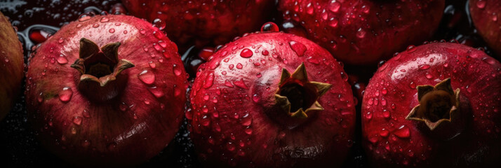 pomegranates, close up shot, top view,   water drop, panoramic, studio light, on black background, gastronomy photo, AI