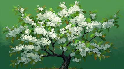 Obraz premium Blossoming branch of apple tree with white flowers on green background.generative ai