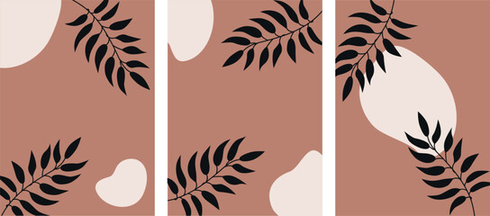  Сover abstract background set рlants, leaf, branch. Modern illustrated design for wall art, wallpaper, decoration, print. Floral social media background. Vector illustration.